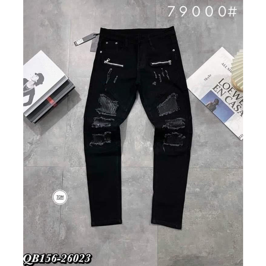 Quần jean nam đen rách vá da nhăn vải jean co giãn mẫu mới cao cấp-AHFASHION