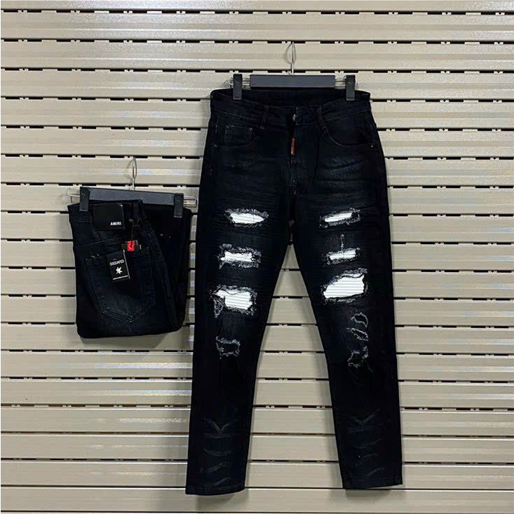 Quần jean nam đen boy phố rách gối vá da vải co giãn tốt bền màu mẫu mới cao cấp-AHFASHION