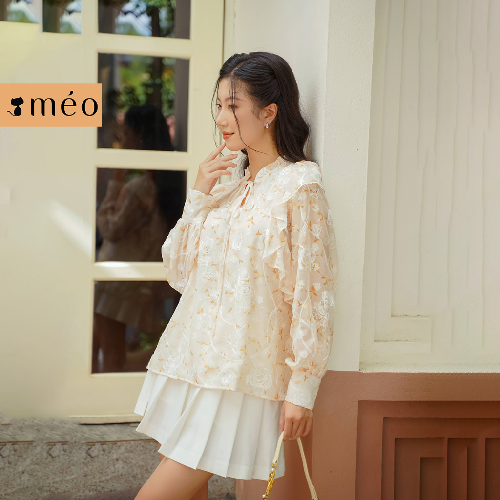Áo kiểu nữ thiết kế Méo shop form rộng tay bồng cổ cách điệu Heli