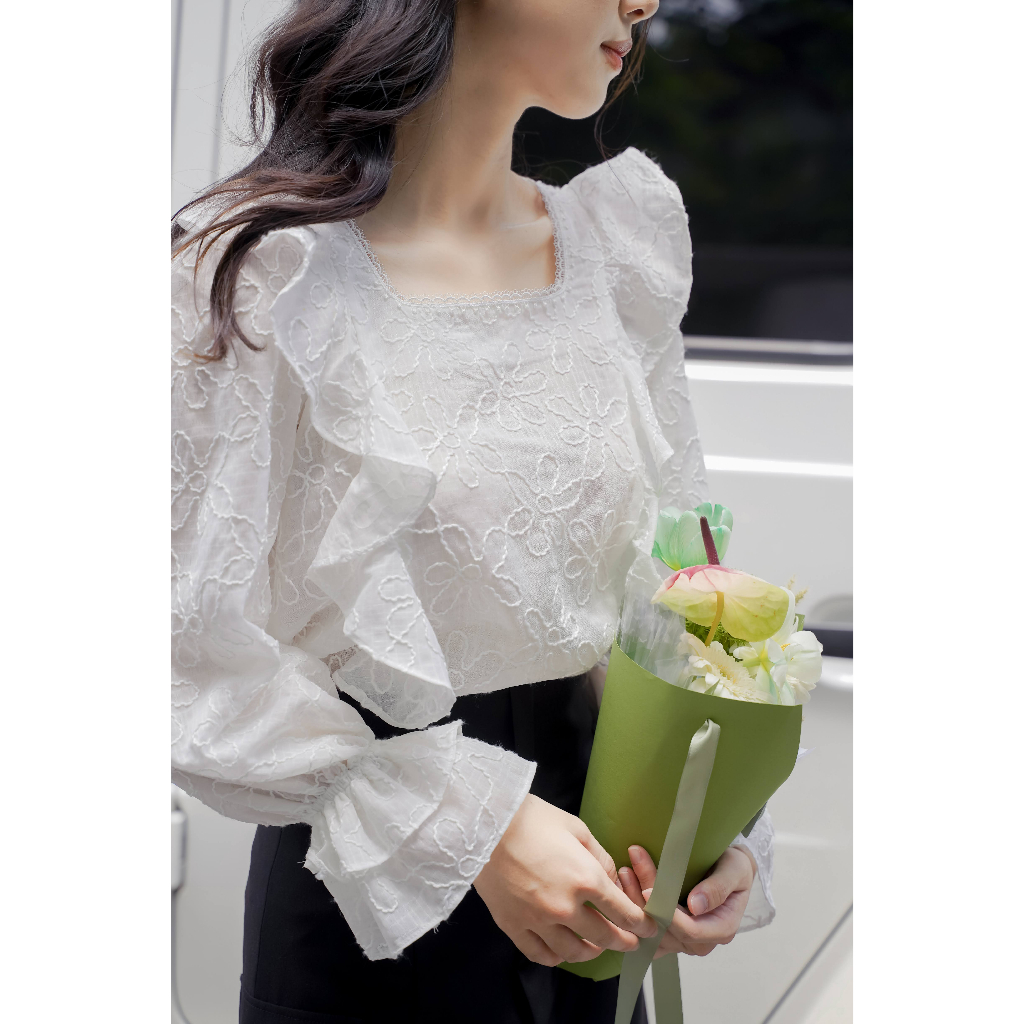 Áo kiểu nữ thiết kế Méo shop form rộng tay bồng cổ cách điệu Jae