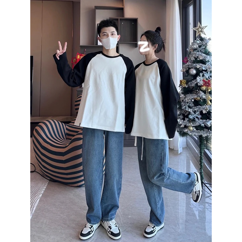 Áo sweater tay raplang basic đen trắng thu đông nỉ nam nữ unisex