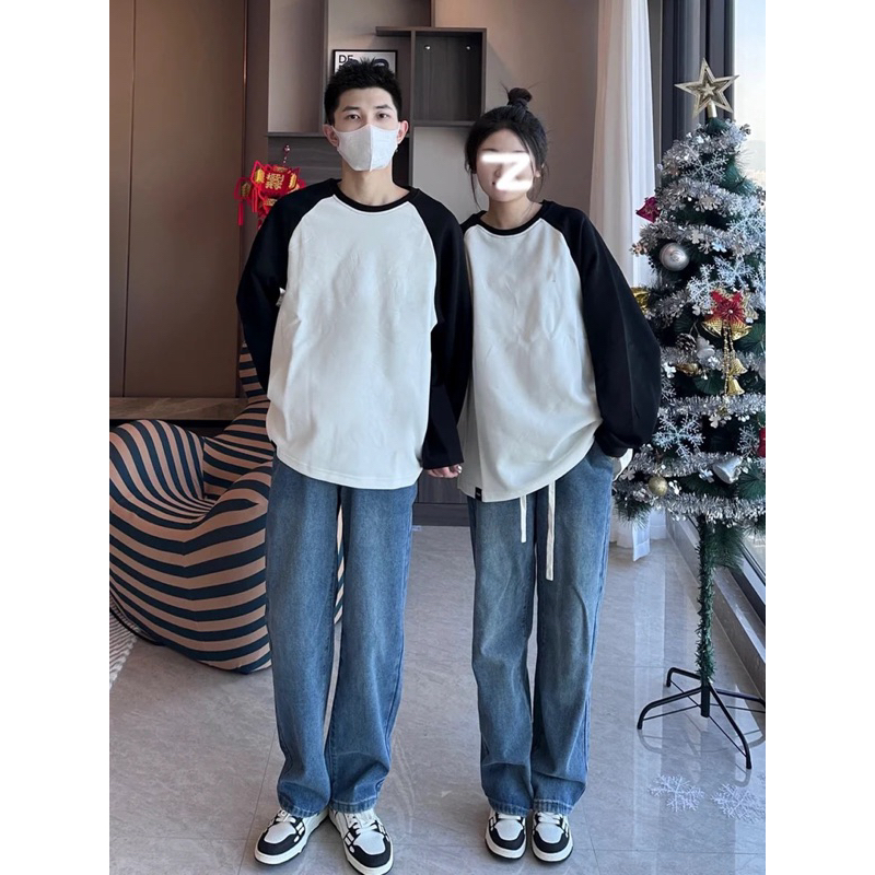 Áo sweater tay raplang basic đen trắng thu đông nỉ nam nữ unisex