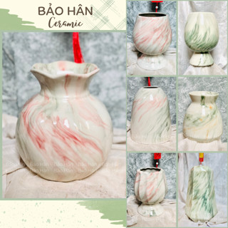 Bình Hoa Vân Đá Hồng & Xanh, Lọ Hoa Mini Đẹp Để Bàn Gốm Sứ Bát Tràng