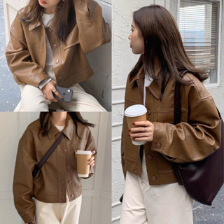 Áo khoác da croptop cổ bẻ màu nâu khuy cài, áo bomber da tay bồng thể thao nam nữ dáng ngắn phong cách ulzzang hàn quốc