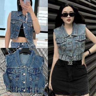 Áo gile jean croptop xanh đậm túi hộp áo khoác nữ sát nách chất bò dày dặn dáng ngắn phong cách ulzzang hàn quốc