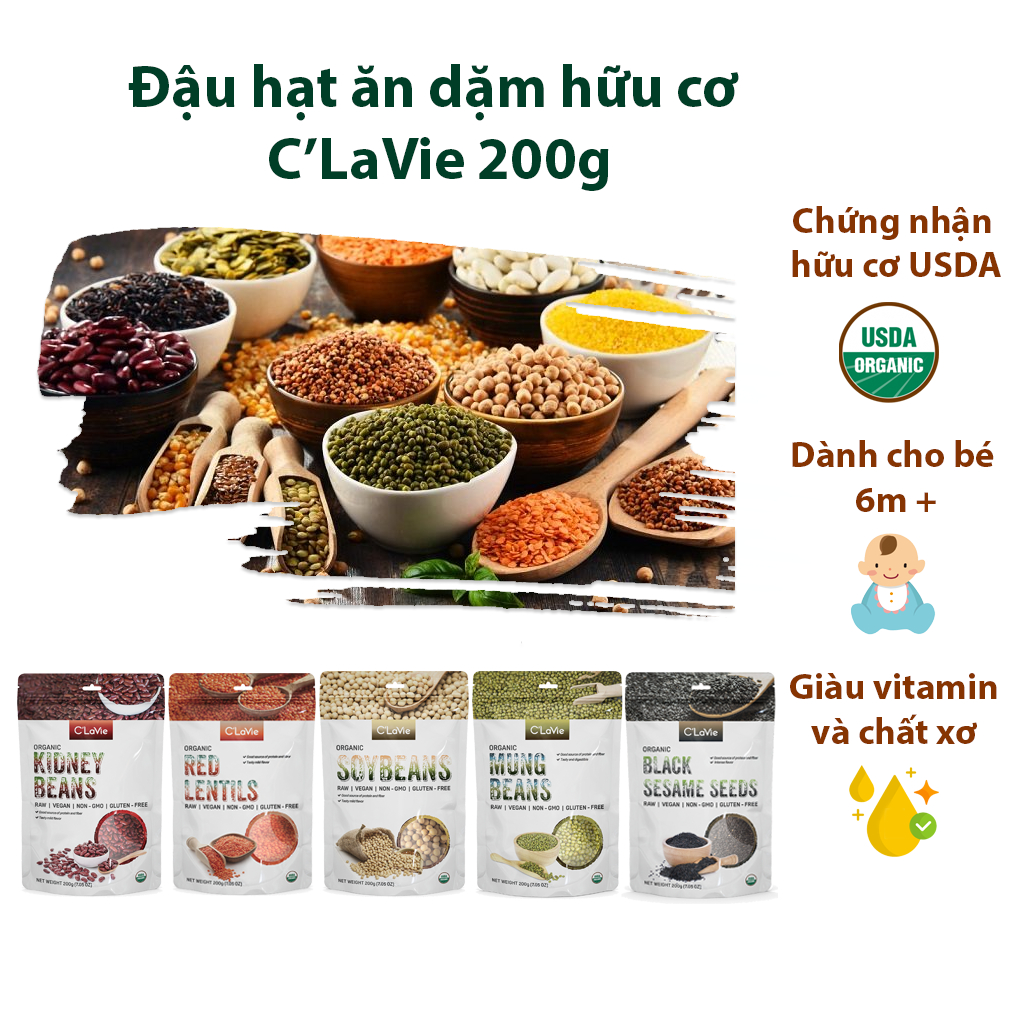 Đậu hạt hữu cơ cho bé ăn dặm C'LaVie 200g: Đậu đỏ, Đậu xanh, Đậu nành, Đậu lăng đỏ, Hạt lanh, Hạt mè, Hạt bí, Hạt kê