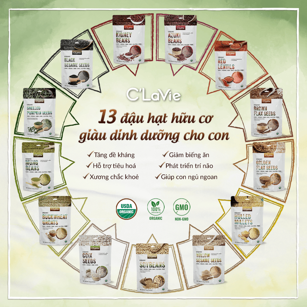 Đậu hạt hữu cơ cho bé ăn dặm C'LaVie 200g: Đậu đỏ, Đậu xanh, Đậu nành, Đậu lăng đỏ, Hạt lanh, Hạt mè, Hạt bí, Hạt kê