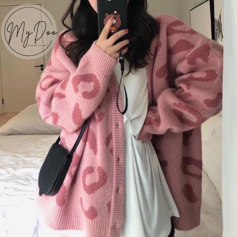 Cardigan-Áo len nữ báo hồng siêu cute