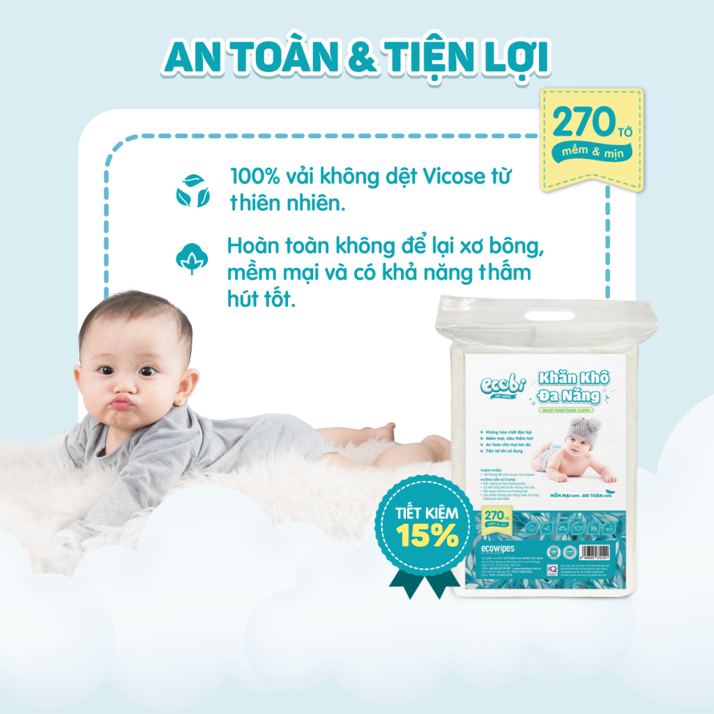 Combo 03 túi khăn khô đa năng cao cấp cho bé Ecobi túi 270 tờ 345g siêu tiết kiệm