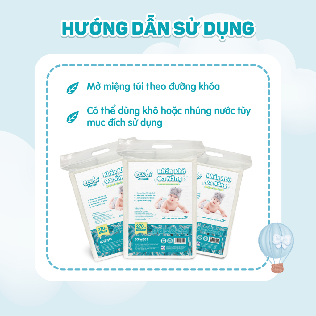 Combo 03 túi khăn khô đa năng cao cấp cho bé Ecobi túi 270 tờ 345g siêu tiết kiệm