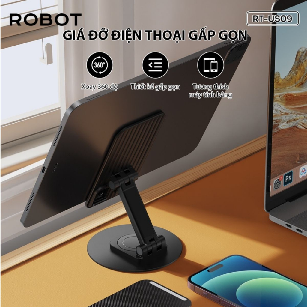 Giá Đỡ Điện Thoại Máy Tính Bảng ROBOT RT-US09 Gấp Gọn Điều Chỉnh Linh Hoạt Xoay 360 Độ - Chính Hãng BH 12 Tháng