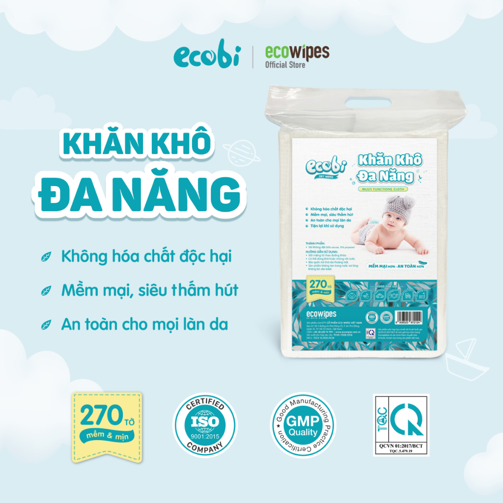 Khăn khô đa năng cao cấp cho bé Ecobi túi 270 tờ 345g siêu tiết kiệm