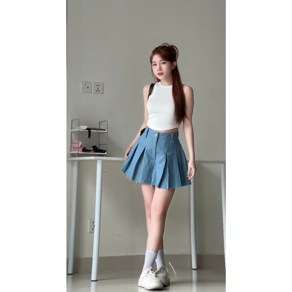 Chân Váy Jean Xếp Ly, Chân Váy Jeans Tennis Cạp Cao Có Lót Trong CV05