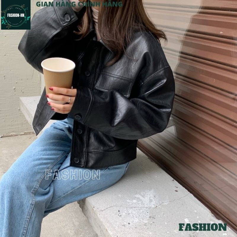 Áo khoác da trơn dài tay cổ bẻ cúc giữa màu nâu đen thời trang nữ cao cấp trẻ trung hiện đại FASHION AKD02