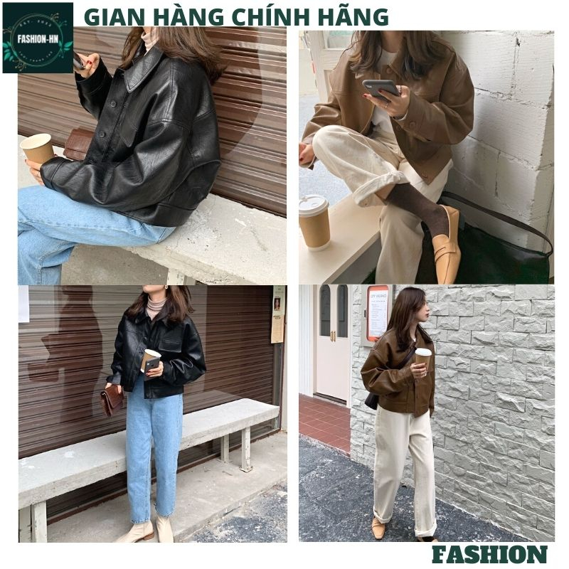 Áo khoác da trơn dài tay cổ bẻ cúc giữa màu nâu đen thời trang nữ cao cấp trẻ trung hiện đại FASHION AKD02