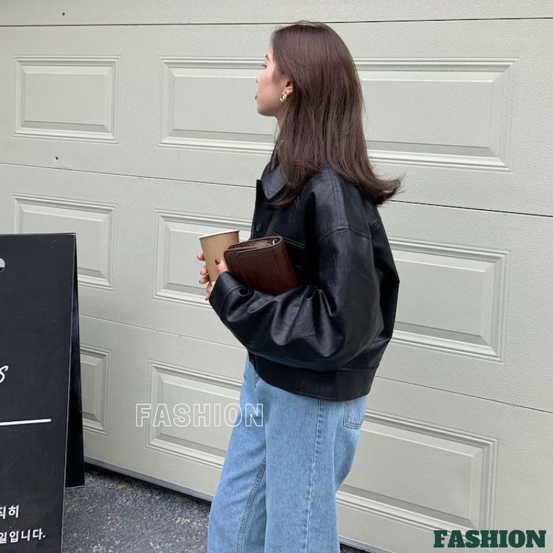 Áo khoác da trơn dài tay cổ bẻ cúc giữa màu nâu đen thời trang nữ cao cấp trẻ trung hiện đại FASHION AKD02