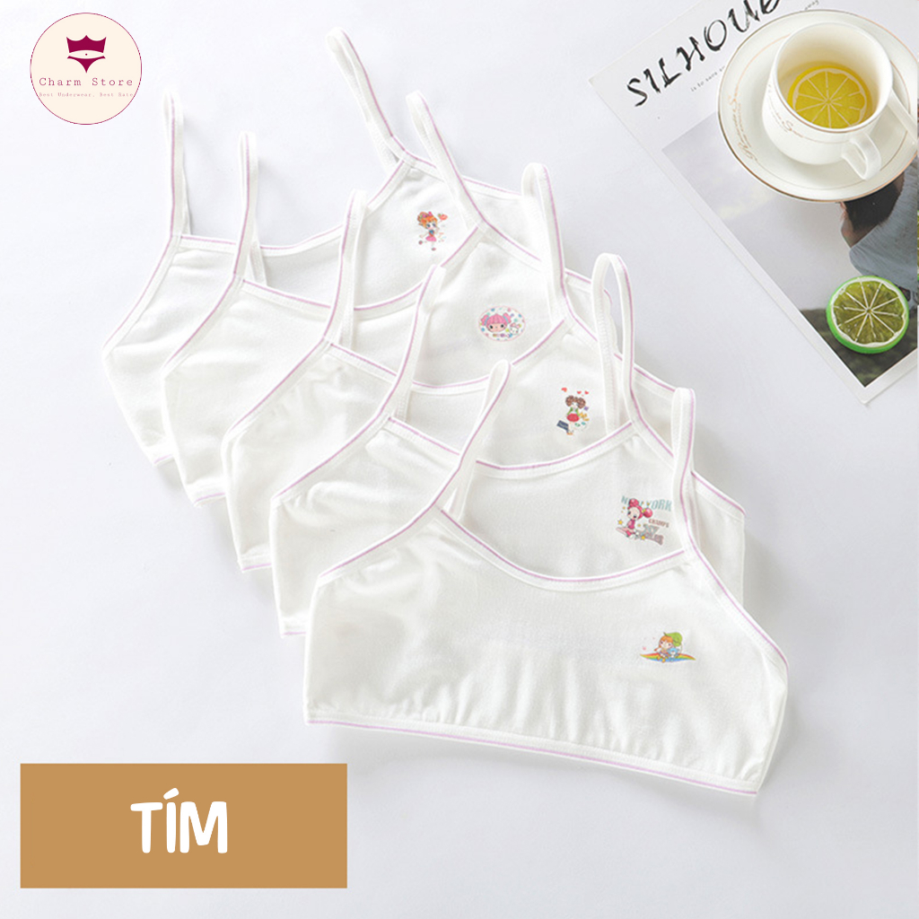 Áo lót bé gái 2 dây mảnh không đệm mút hoạ tiết siêu xinh - Áo lá học sinh cotton mềm thoáng mát từ 25-35kg BR01