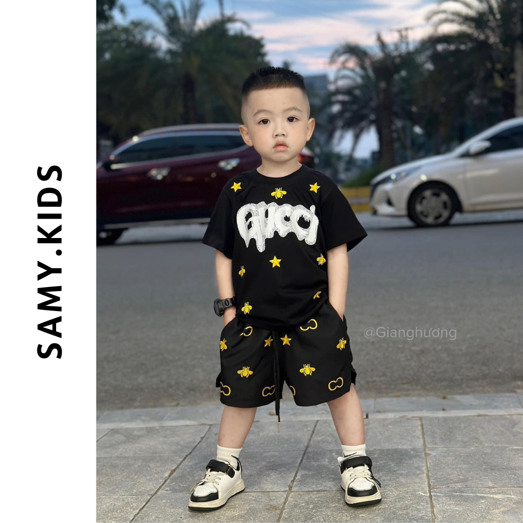 Bộ quần áo thun in chữ guci ngắn tay cho bé gái, bé trai set bộ trẻ em unisex chất cotton thoáng mát SAMY KIDS