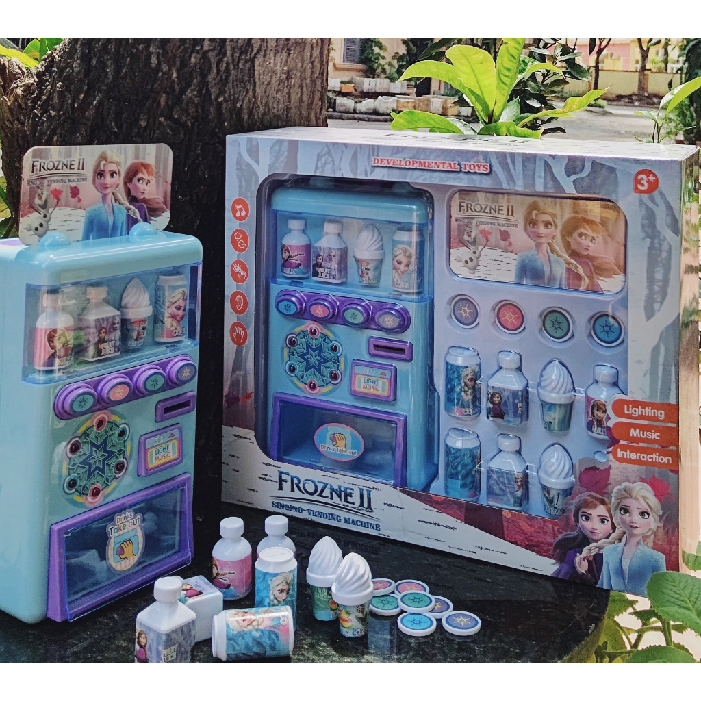 Máy bán nước tự động trẻ em Hello kitty, Đồ chơi máy bán nước ngọt Elsa, poli robocar có đèn âm thanh vui nhộn