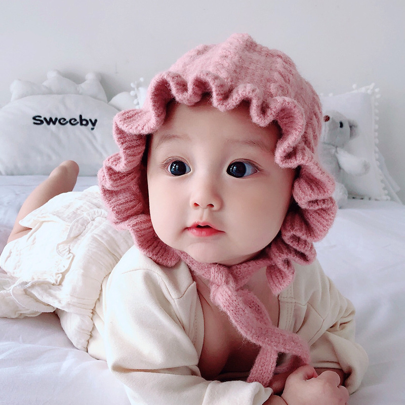 Mũ len viền sóng cho bé gái 5-18 tháng tuổi chất len đẹp có dây cột - Mã ML004 Bibokidsvn