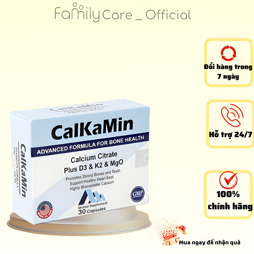 Calkamin - Bổ sung Canxi và Vitamin D3, K2 giúp răng, xương chắc khỏe hộp 30 viên