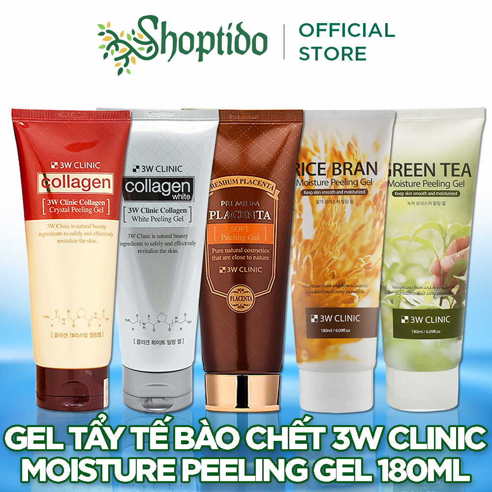 Gel tẩy da chết 3W CLINIC chiết xuất trà xanh, nhau thai cừu, cám gạo  Moisture Peeling Gel 180ML NPP Shoptido