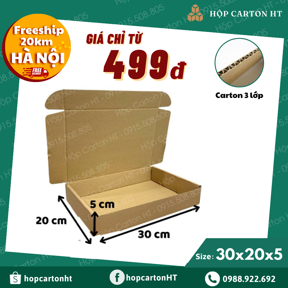 Combo 10 30x20x5 Hộp carton nắp gài, thùng bìa giấy cod nắp cài gói hàng quần áo, quà tặng handmade giá rẻ