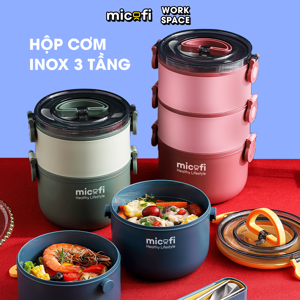 Hộp Đựng Cơm Micofi Giữ Nhiệt Inox 304, Đựng Đồ Ăn Văn Phòng, Cà Mên 3 Tầng Chống Tràn, Kèm Thìa 2.2L