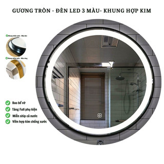 Gương trang điểm, Gương nhà tắm treo tường cao cấp viền hợp kim đèn led đổi 3 màu đường kính 60cm guonghoangkimhn