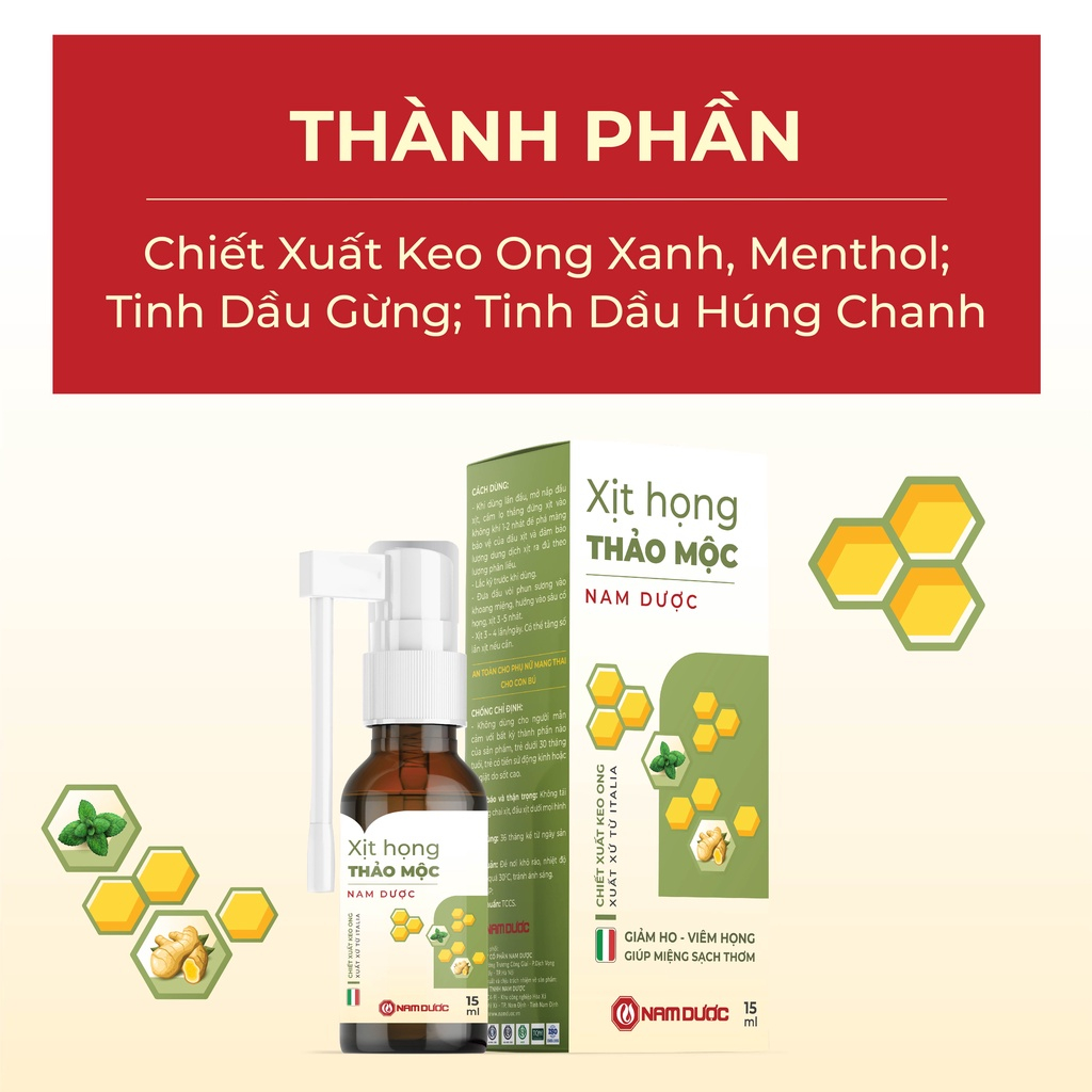 Xịt họng thảo mộc Nam Dược hỗ trợ giảm ho, giảm đau rát họng, long đờm, giảm khản tiếng chai 15 ml  suckhoechomoinha