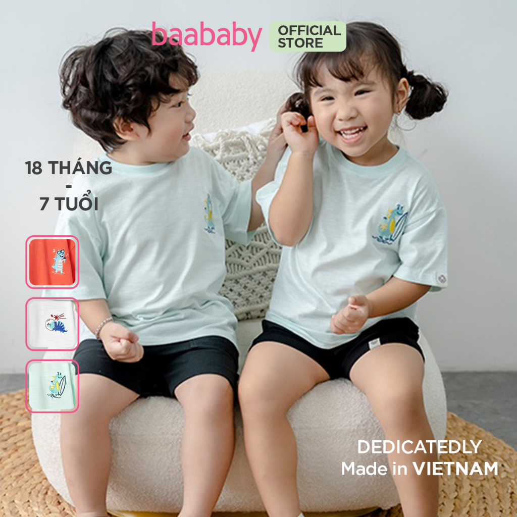 Áo thun form rộng cho bé trai, áo thun bé trai, áo cotton thêu khủng long cho bé từ 1 tuổi - 7 tuổi Baa Baby