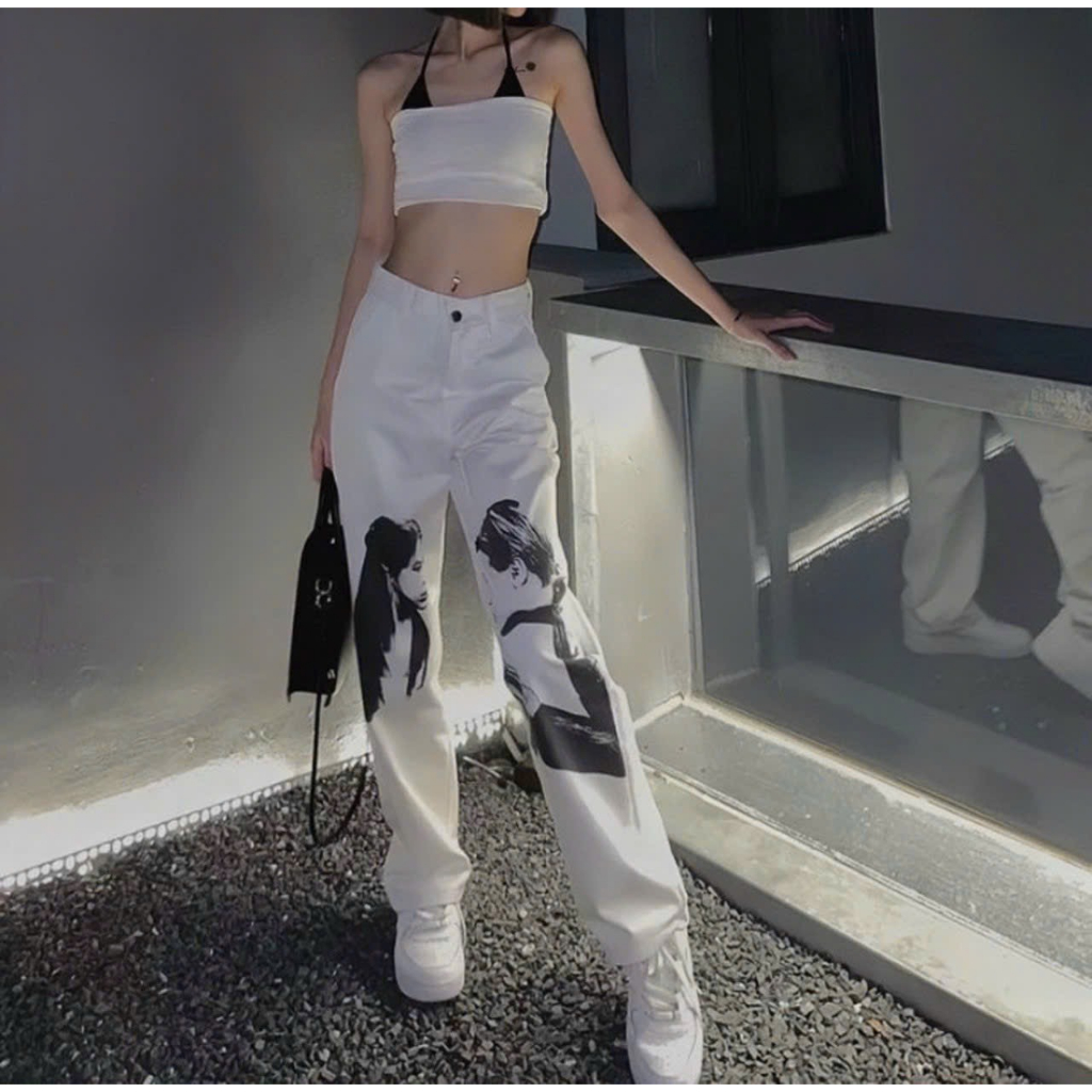 Quần Kaki Ống Rộng 100% cotton WHITE In Hình Godmother