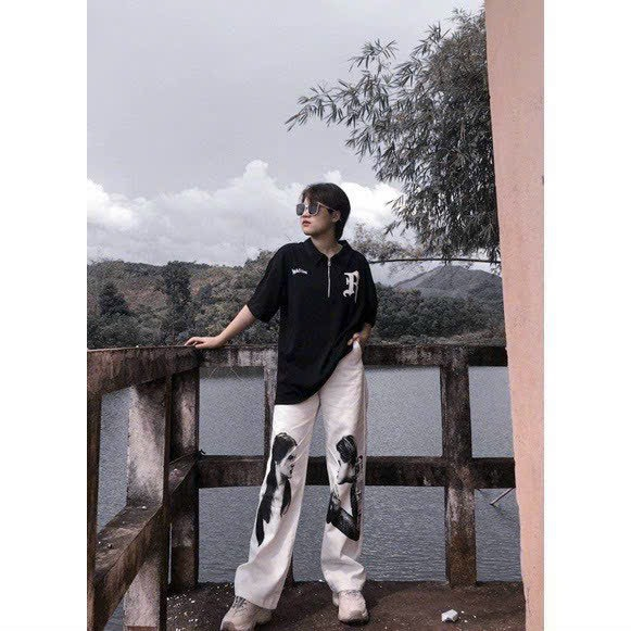 Quần Kaki Ống Rộng 100% cotton WHITE In Hình Godmother