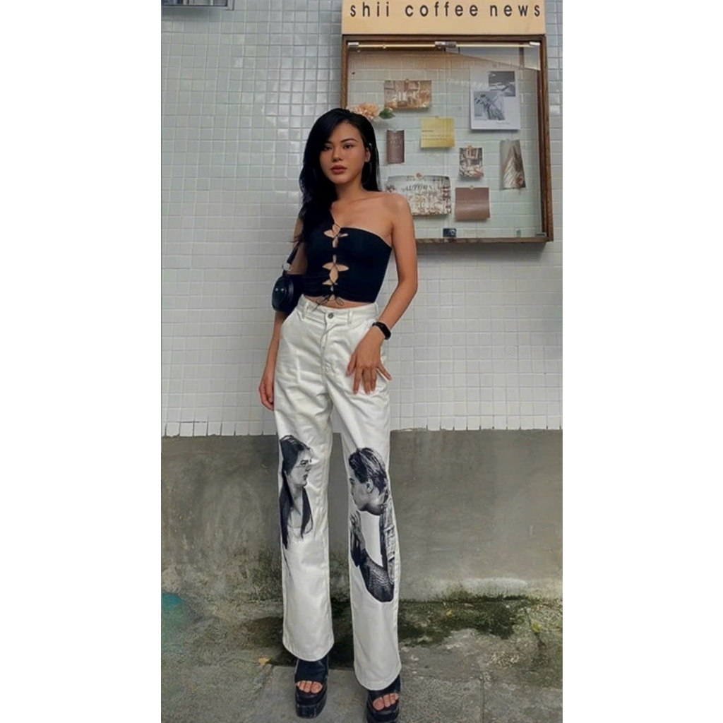 Quần Kaki Ống Rộng 100% cotton WHITE In Hình Godmother