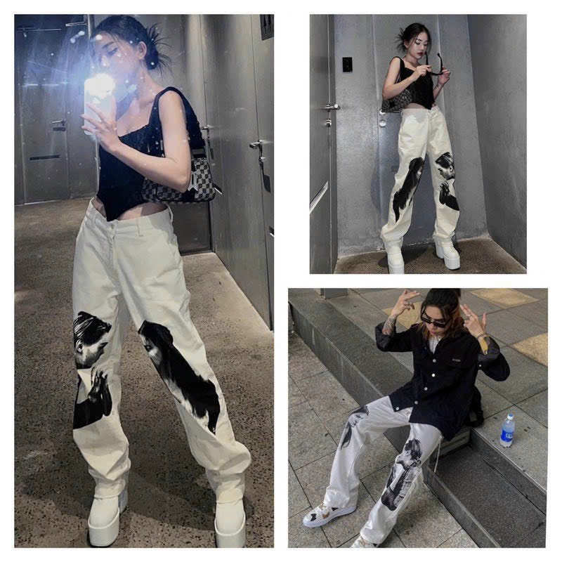 Quần Kaki Ống Rộng 100% cotton WHITE In Hình Godmother