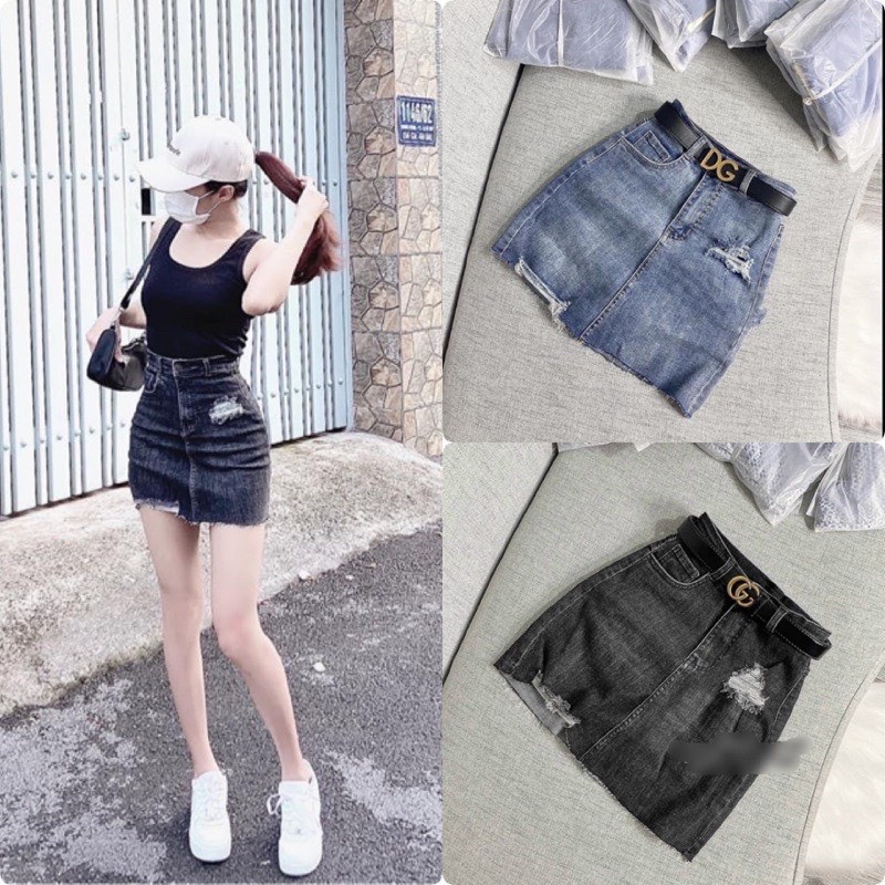 🍒🍒🍒/-ok VÁY JEAN RÁCH 1 TÚI BÊN CÓ LÓT TRONG VỀ ĐỦ SIZE LYIE