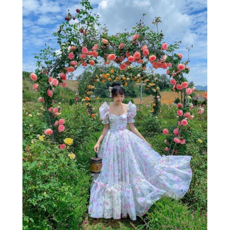 Váy maxi hoa tay phồng tiểu thư - SB04