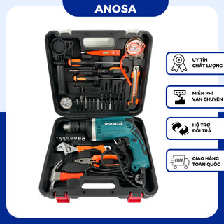 Máy khoan điện Makita, máy khoan tường sắt gỗ 13 ly RE full đồ nghề gia đình tặng kèm phụ kiện 45 chi tiết