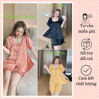 Bộ pijama cộc đùi cổ vuông tiểu thư chất lụa latin