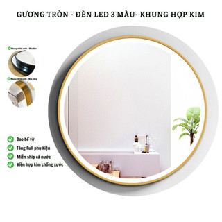 Gương tròn treo tường, Gương viền nhôm cao cấp chống nước treo nhà tắm bàn trang điểm, đèn led đổi 3 màu đường kính 50cm