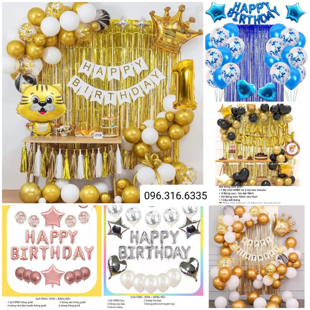 Combo sét trang trí sinh nhật happy birthday kèm rèm kim tuyến,trang trí thôi nôi,sét bóng trang trí tuổi hổ