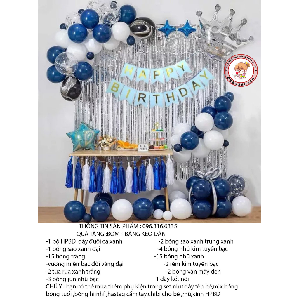 Combo sét trang trí sinh nhật happy birthday kèm rèm kim tuyến,trang trí thôi nôi,sét bóng trang trí tuổi hổ