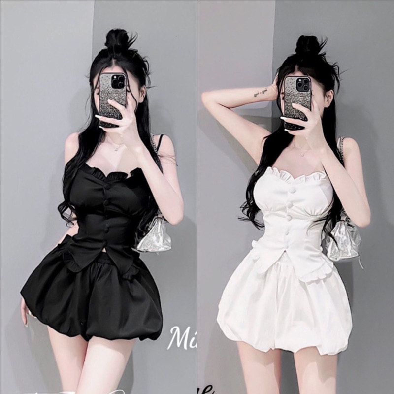 SET ÁO KIỂU HAI DÂY ĐÍNH CÚC VIỀN BÈO PHỐI QUẦN ĐÙI BÍ PHỒNG, SET BỘ NỮ SATIN ĐÍNH NÚT CAO CẤP
