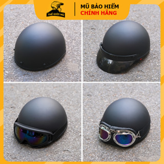 Mũ bảo hiểm nửa đầu đen trơn kèm kính uv, phi công, mũ bảo hiểm 1/2 cao cấp có gắn kèm phụ kiện trang trí mũ,thegioimu