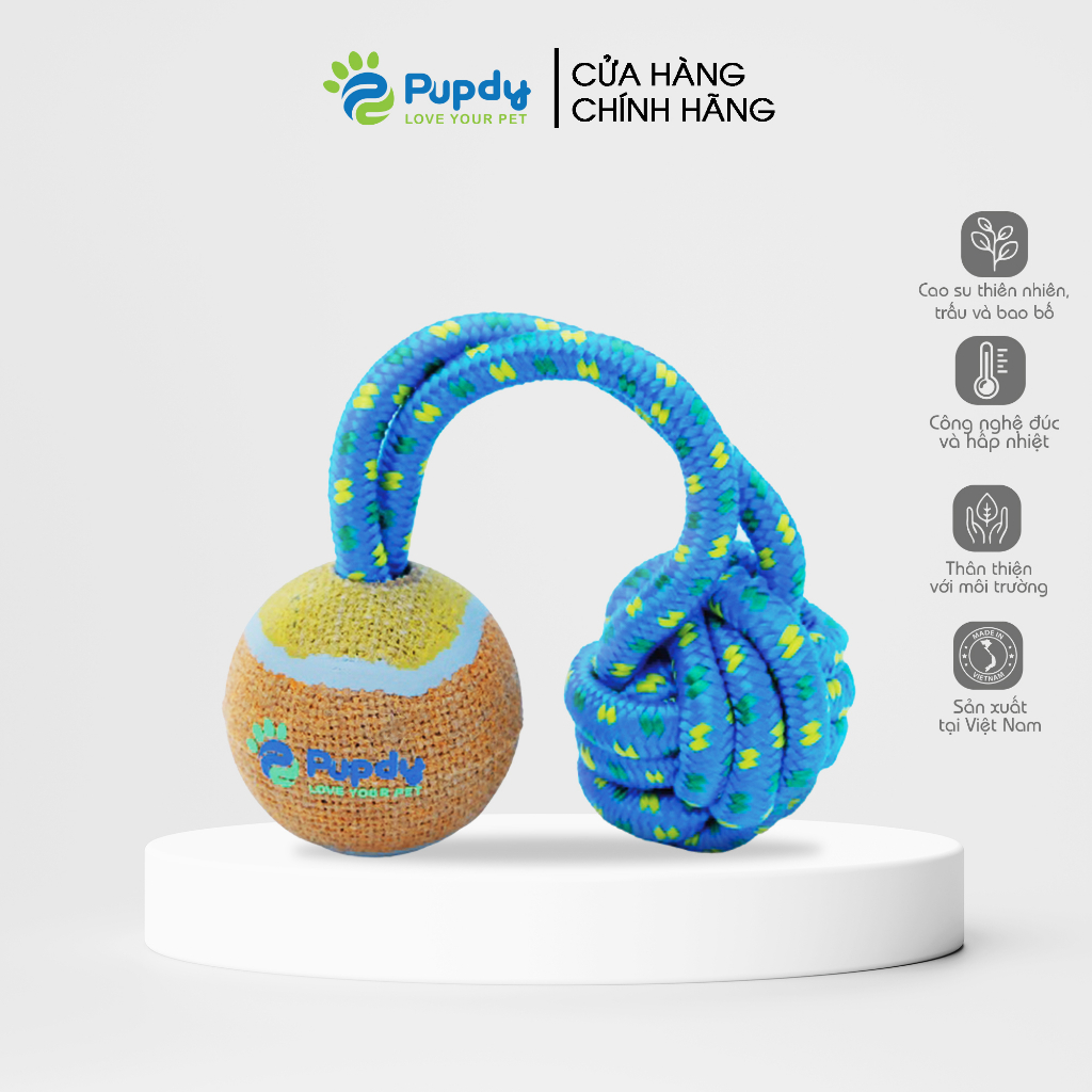 Đồ chơi banh trấu kết hợp với dây thắt nút cho chó, mèo - Pupdy Bóng Cù Quay - Pickoo Ball