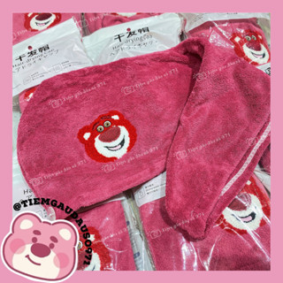 (Sẵn HCM-Hỏa tốc) Khăn Trùm Đầu Sấy Khô Tóc Tự Nhiên Gấu Dâu Lotso