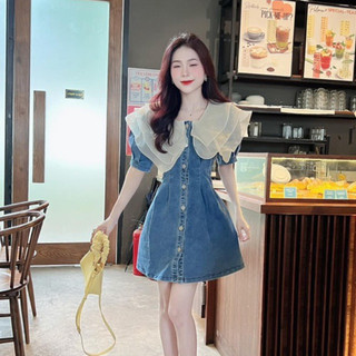 Váy dự tiệc jean cổ sen nơ