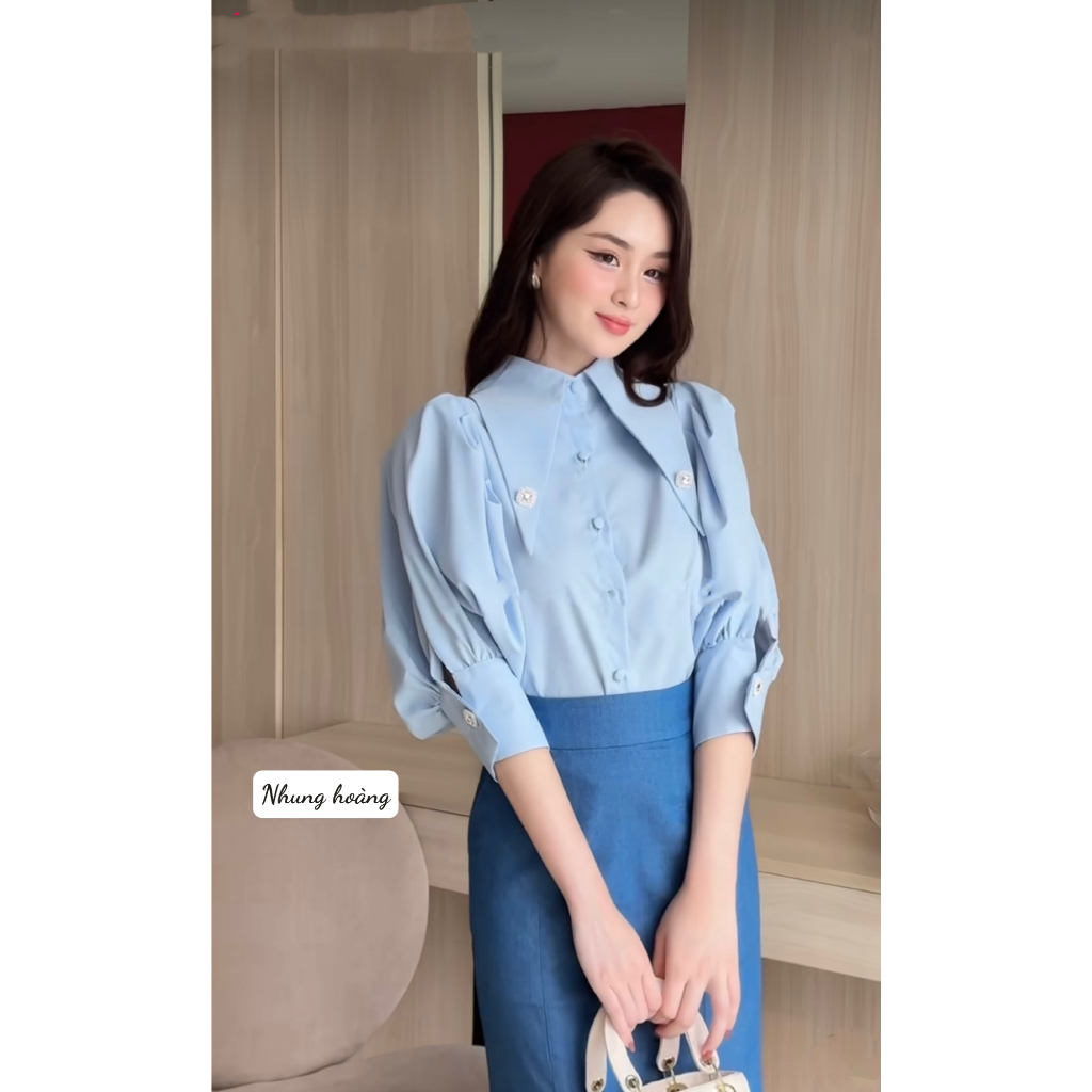 Set công sở sơ mi cổ áo bản to kết hợp với chân váy xanh dài cực xinh tiểu thư sang chảnh - Thời Trang Bảo Trang - Nh7.8