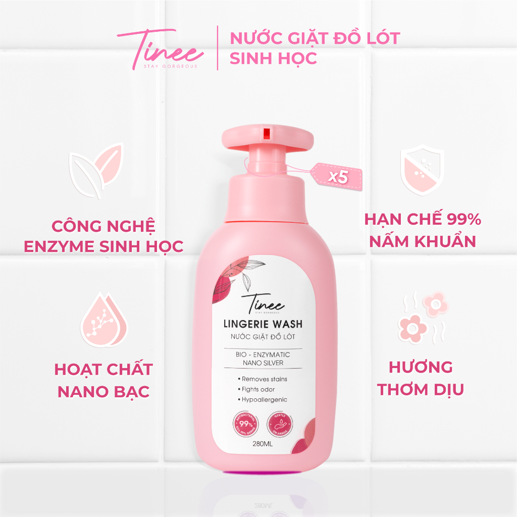 Combo 5 nước giặt đồ lót Sinh Học Tinee 280ml giặt chuyên dụng đánh bay mọi vết bẩn