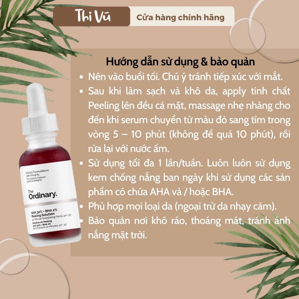 The Ordinary AHA 30% + BHA 2% Peeling, Serum Tẩy da chết hóa học giảm mụn đầu đen - Thi Vũ
